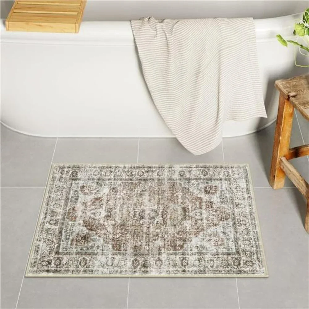 Boho farmhouse bathroom rug khaki bath mat non slip washable vintage oriental 18